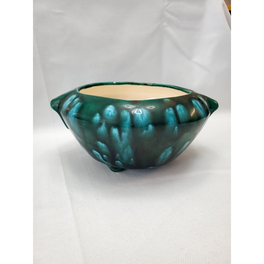 Vintage Mid-Century Hobbyist Ceramic Green/White Drip Glaze Rose Bowl Stunning!